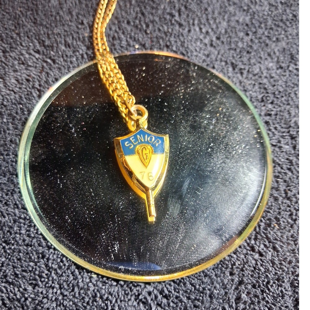 Vintage Jostens 1976 Senior Class Shield Pendant Necklace Gold Tone DJF Initials